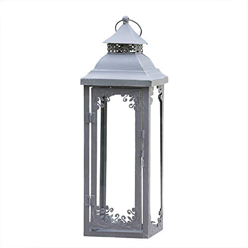 Grafelstein Brienne Deko Laterne - 40cm - Für Draußen und Drinnen - Aus Metall Mit Verzierten Echtglasfenstern - Grau