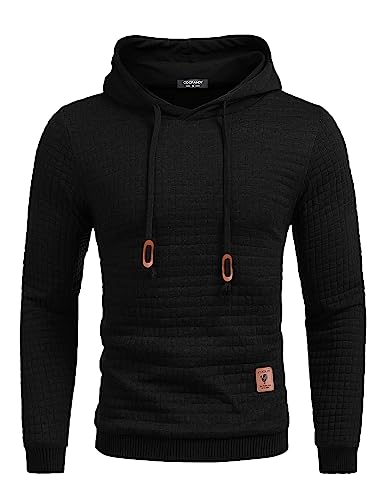 COOFANDY Herren Kapuzenpullover Hipster Gym Langarm Arbeitspullover Kordelzug Karierten Jacquard Pullover Hoodies Schwarz M