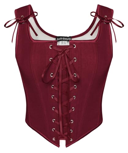SCARLET DARKNESS Damen Mittelalter Peasant Korsett Retro Quadratischer Kragen Shapewear Rotwein 36