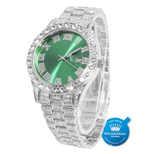 Halukakah Diamant Golduhr, Herren Platin Weiß Vergoldet 42MM Breite Grün Wählen Quarz Armband 24cm, mit Geschenkbox