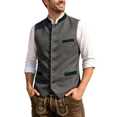 Generisch Trachtenweste Herren Grau Oktoberfest Ärmellos Trachten Weste Trachtenmode Gilet Große Größen Trachtengilet Elegant Anzugweste Edel Festanzug Jagdweste