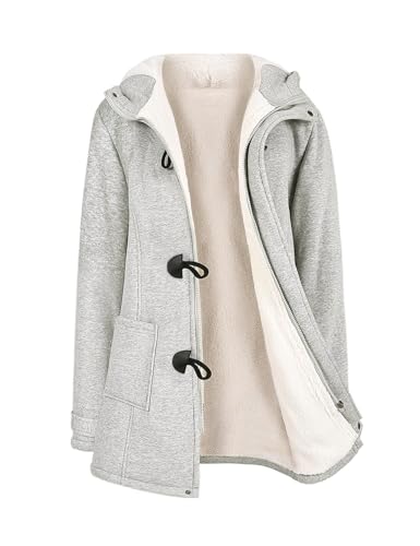 Yuson Girl Winterjacke Damen Fleecejacke Lang Warm Hornknopfjacke Einfarbig Wintermantel Kapuzenpullover Winter Cardigan Sweatshirt Damen Reißverschluss Kapuzenjacke mit Knopf(Hellgrau, XL)