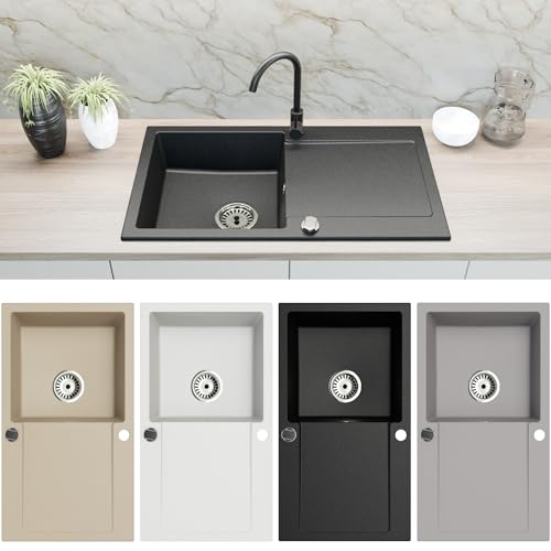 Faizee Home | Granitspüle 90x50 cm – Reversibles Spülbecken mit Abtropffläche inkl. Siphon & Drehexzenter | Kratzfest, hitzebeständig & für 45 cm Unterschränke (Schwarz Gesprenkelt)