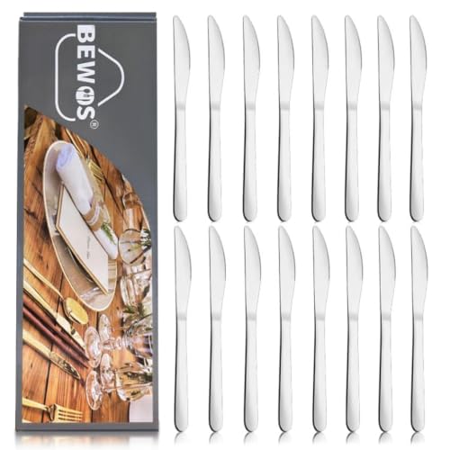 BEWOS Tafelmesser Set 16 Stück, 23,2 cm (9,1 Zoll) Messer Set, Buttermesser, Tafelmesser aus Edelstahl, hochglanzpolierte Besteck Messer, Tafelmesser für die Gastronomie zu Hause, spülmaschinenfest