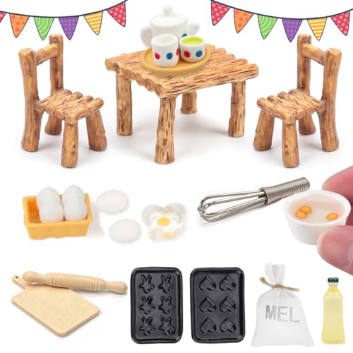 NETUME Miniatur Küche Puppenhaus Zubehör, Mini Möbel Puppenhaus, Miniatur Deko Tisch und Stühle, Teetassen-Set, Eier, Nudelholz Mehlbeutel, Ideal Backen Wichtel Zubehör Weihnachten