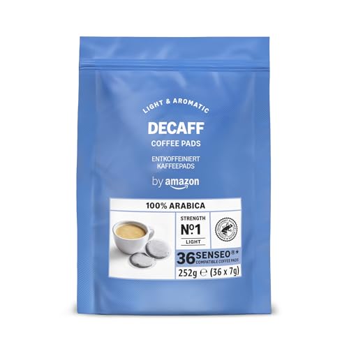 by Amazon Entkoffeinierte 100% Arabica-Kaffeepads, geeignet für Senseo-Maschinen, mittlere Röstung, 36 Stück (1 Packung mit 36 Stück) – Rainforest Alliance-zertifiziert