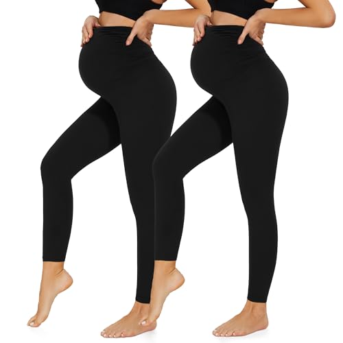 HIPOWER 2er Pack Umstandsleggings Damen High Waist Umstandsmode Weich Schwangerschaftsleggings Blickdicht Sport Umstandshose Elastisch Maternity(Schwarz*2,L)