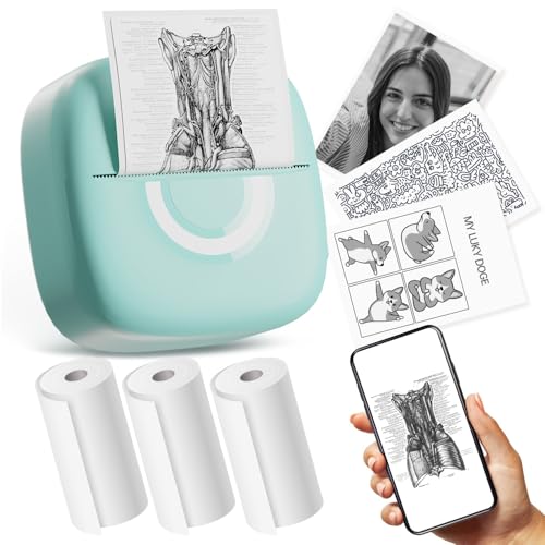 cabaro Mini Drucker Aufkleber Drucker Fotodrucker mit 3 Rollen Bluetooth Thermodrucker für Lernen, Studiennotizen, Anatomische Diagramme, Fotos