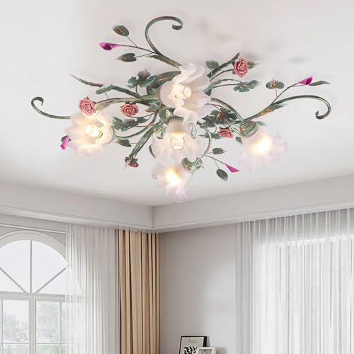 meibeileil Deckenleuchte Landhaus,Vintage Blumen Design Metall Pendelleuchte, Kronleuchter Mit Glas Lampenschirm Und Rosa Rosen Keramik Für Wohnzimmer Schlafzimmer Restaurant Flur 5 Kopf Grün