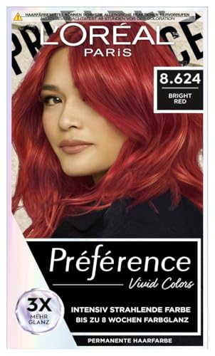 L'Oréal Paris Intensive dauerhafte Haarfarbe, Bis zu 8 Wochen glänzendes Haar und intensive Farbe, Préférence Vivid Colors, Farbe: 8.624 BRIGHT RED, 1 Stück