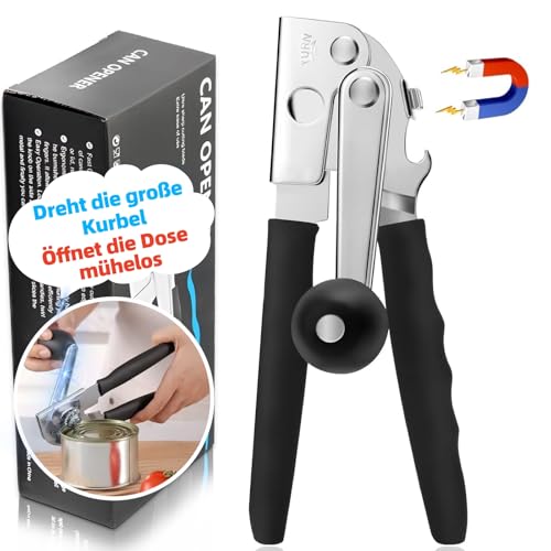 Professioneller Dosenöffner, Edelstahl mit Komfortgriff, Manuelle Bedienung, Glatte Kante, für Senioren und Küche (Schwarz) Große Kurbel