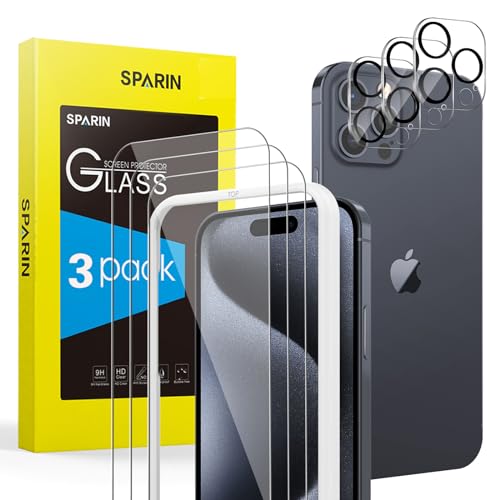 SPARIN für iPhone 15 Pro Max Panzer Schutz Glas, 3+3 Stück Schutzfolie und Kameraschutz mit Rahmen Installationshilfe, 9H Härte Folie, HD Displayschutz