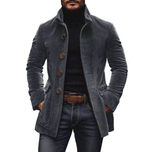Oanviso Jacke Cord Herren Retro Cordjacke mit Stehkragen Elegante Regular Fit Freizeitjacke Männer Einfarbig Corduroy Mantel mit Taschen A Grau XL