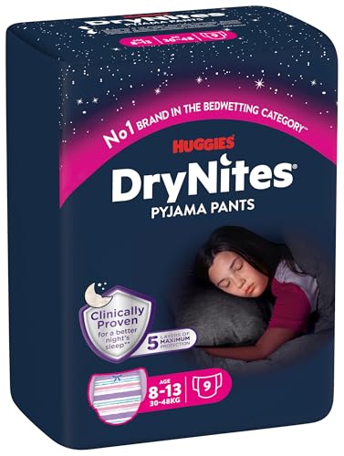 HUGGIES DryNites Nachtwindeln, für Mädchen 8-13 Jahre (30-48 kg), hochabsorbierende bei Bettnässen, 9 Stück (1er Pack) Windel-Pants