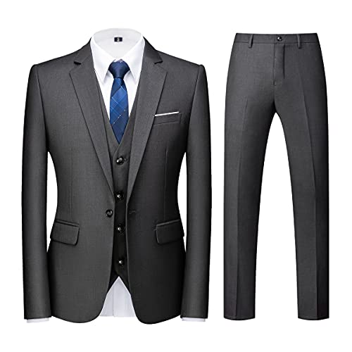 KUDORO Herren Anzüge 3-teilig Slim Fit Eine Knöpfe für Hochzeit Business Herrenanzug Sakko Weste Hose(Dunkelgrau,S)