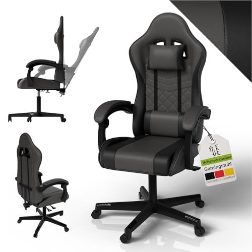 Juskys Gaming Stuhl – PC Stuhl & Bürostuhl in einem, ergonomisch, verstellbare Rückenlehne, höhenverstellbar, Kunstleder Gaming Chair Grau/schwarz