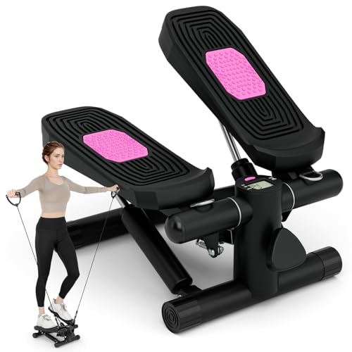 GYMAX Mini Stepper für Zuhause, Up-Down Stepper mit Power Ropes, LCD-Monitor & 5-stufige höhenverstellbare Pedale, Trainingsgerät bis 100kg, Fitnessgeräte für Zuhause