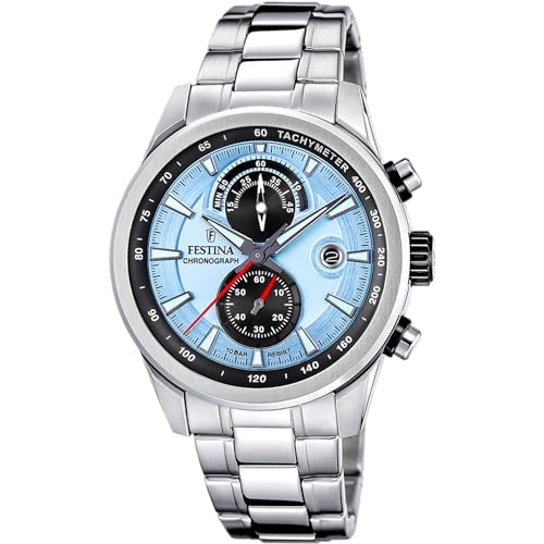 Festina Herren Uhr Analog aus Edelstahl 316L Silber - Quarzwerk - Chronograph - Kalender - Widerstandsfähiges Mineralglas - Wasserdicht bis 10 ATM F20694/2 Timeless Chronograph