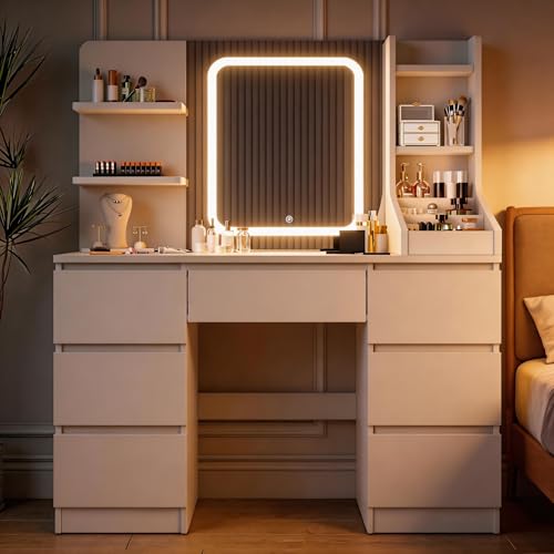 TRIUMPHKEY Schminktisch mit LED Beleuchtung,Einstellbarer Helligkeit,Frisiertisch mit Spiegel,Moderner Kosmetiktisch mit 7 Schubladen, 4 Ablagen und 3 offenen Fächern für das Schlafzimmer