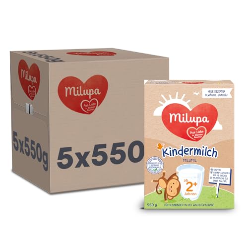 Milupa Milumil Kindermilch 2 + – Ab 2 Jahren – Für Kleinkinder in der Wachstumsphase – Begleitet die natürliche Entwicklung – 5 x 550 g Pulver