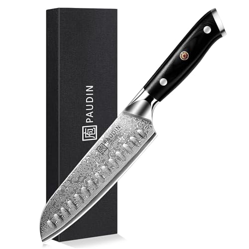 PAUDIN Santokumesser Damastmesser 17 cm, Ultra Scharfes Kochmesser aus 67 Lagen Damaststahl mit japanischem VG10- Kern, Profi Küchenmesser mit ergonomischem G10-Griff
