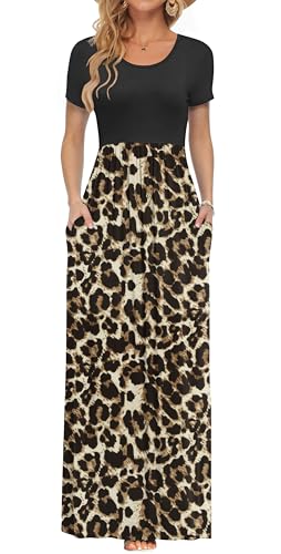 AUSELILY Damen Kurzarm Sommer Casual Long Maxi Kleider mit Taschen Schwarzer Leopard M