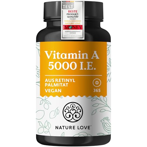 NATURE LOVE® Vegane Vitamin A - 365 Tabletten mit 5.000 IE - für Sehkraft, Haut & Immunsystem - hochdosiert, ohne unnötige Zusätze - in Deutschland produziert & laborgeprüft