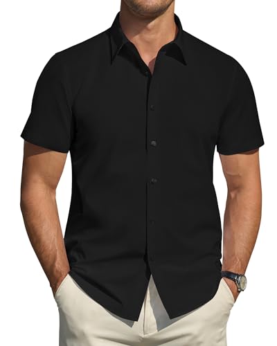 J.VER Hemd Herren Kurzarm Schwarzes Regular Fit Sommerhemd Freizeithemden Bügelfrei Casual Strand Hemden Shirt,L