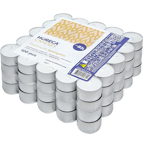 Horeca Candles - Teelichter 8 Stunden Brenndauer - Weiß - 100 Stück - Aluhülle - Kerzen zum Feiern, Deko, Hochzeit, Gastro, Party - Ohne Duft - Premium Qualitä