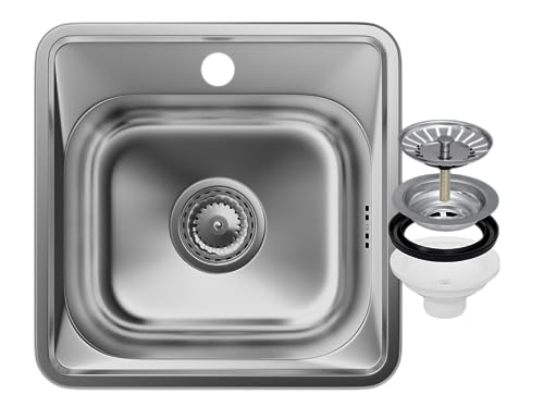 Stahl Spülbecken mit Siphon 38x38 cm - Edelstahlspüle mit Hahnloch für Spülbecken Durchmesser 92mm - Einbauspüle aus Stahl - Waschbecken für Küche - Satin - Granitan