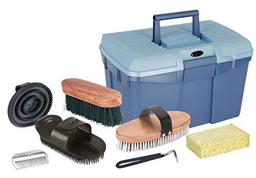 Kerbl Putzbox blau mit Inhalt (für Pferde, Pferdebürsten, Mähnenbürsten, Putzkiste mit Bürsten, Pferdepflege, Putzzeug blau) 321775