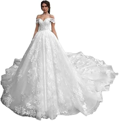 IUYRESX Brautkleider,Off The Shoulder Spitze Applique Brautkleid Boho Korsett Trägerloses Hochzeitskleid Mit Schleppe Weiß 34