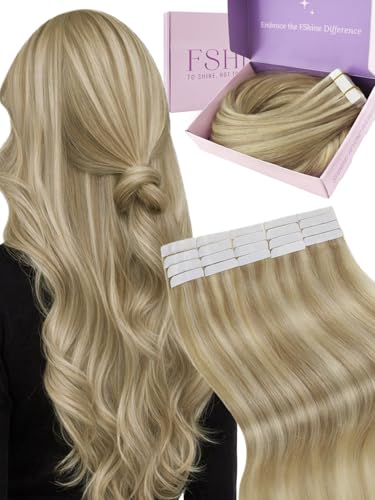Fshine Tape in Extensions Echthaar 20 Stücke Echthaar Extensions Tape Goldblond mit Mittelblond für Dünnes Haar Klebeband in Haarverlängerung Farbe 16P22 30 cm 30 g