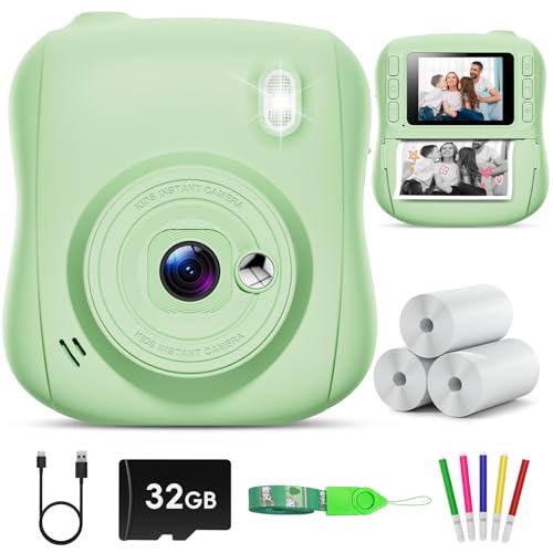 Hangrui Kinderkamera Sofortbildkamera, 14MP Sofortbildkamera Kinder mit 32G Karte & Druckpapier, 1080P Kamera Kinder Sofortdruck mit Farbige Stifte, Geschenk für 3-12 Jungen und Mädchen-Grün