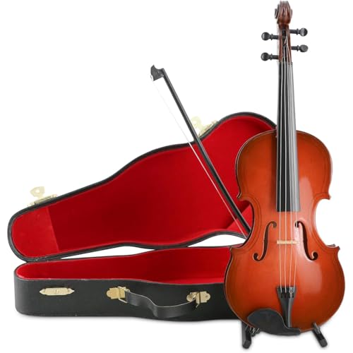 TICFOX Miniatur Violine Modell, Hölzerne Mini Violin Modell Anzeige Musikalische Ornament Violin Modell mit Bogenunterstützung und Schwarzer Koffer für den Geburtstag von Wohnkultur