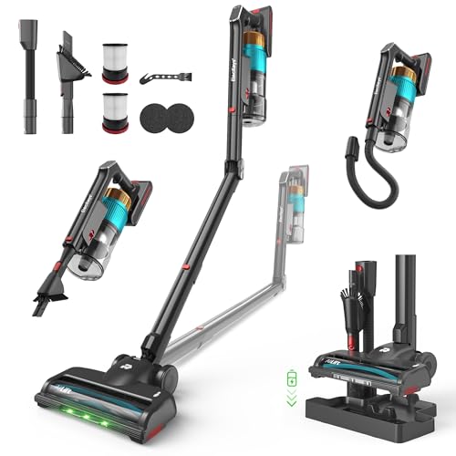 ElecKeys Akku Staubsauger 55000Pa/650W/65Min, Staubsauger Kabellos mit Lade-/Aufbewahrungsstation, Faltbar, Selbststehend, Anti-Tangle-Bürste, Akkustaubsauger für Tierhaare Teppiche Hartböden Auto