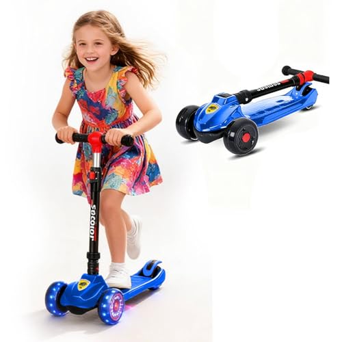 Roller Kinder 3 Jahre+, Faltbarer Tretroller mit verbreiterter Standfläche, Tragkraft bis 100 kg, höhenverstellbar für Jungen und Mädchen ab 3 Jahren(Blau)