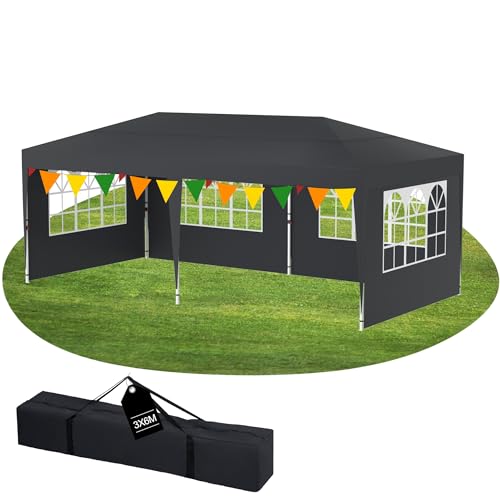 YRHome 3x6m Pavillon mit 6 Seitenwände Höhenverstellbar Wasserdicht Stabil Winterfest Faltpavillon Pop-Up Partyzelt Gartenzelt Gartenpavillon UV Schutz 210D Oxford-Gewebe inkl. Tasche Anthrazit