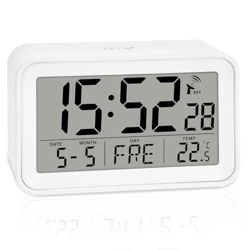 ADE Digitaler Funkwecker mit Licht | Wecker mit Temperaturanzeige und Kalender | kompakter Reisewecker | hübsches matt weißes Gehäuse | mit Batterie