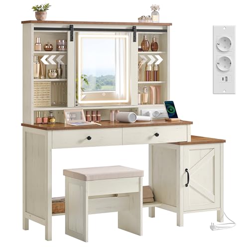VASAGLE LIRY Kollektion - Schminktisch mit Spiegel und Beleuchtung, Frisiertisch im Landhausstil mit Hocker, Ladestation, 2 Schubladen, Schmuckaufbewahrung, vintageweiß-honigbraun RDT136W01