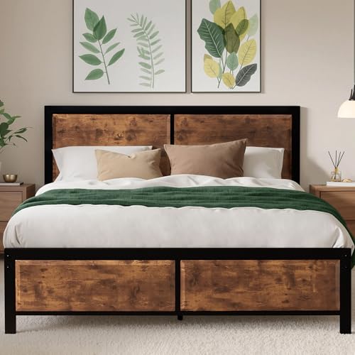 VECELO Bettgestell 140 x 200 cm Metallbett mit Dick Holzkopfteil, Bettrahmen Doppelbett aus Metal mit Lattenrost, viel Stauraum unter dem Bett, perfekt für Schlafzimmer, Braun