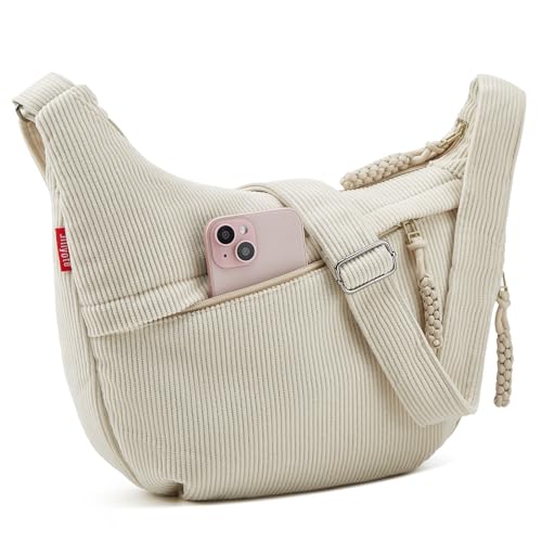 Jiliyote Crossbody Bag Damen Umhängetasche cord Tasche,Halbmond Tasche mit verstellbare Schultergurt und Reißverschluss für Reisen und Uni (Beige)