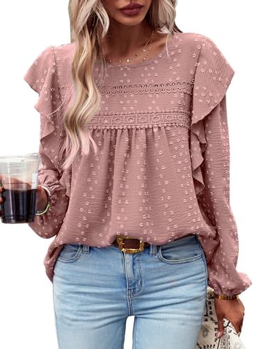 MYCOLORBLUE Blusen Tuniken für Damen Elegant Rüschenärmel Swiss Dot Spitzenbesatz Vorne Falten Streetwear Rundhals Hemdbluse Rosa XL