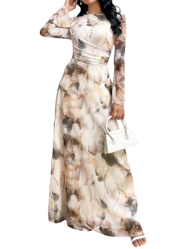 SweatyRocks Hochzeitsgast Kleid Damen Lang Maxikleider Abendkleider Elegant Langarm Kleid A Linie Herbstkleid Winterkleider Mit Batik Beige XL