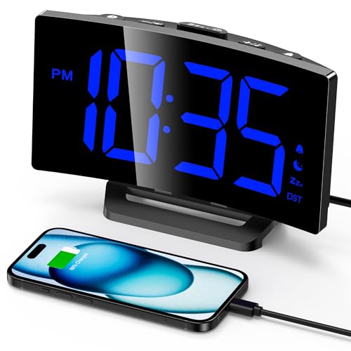 GOLOZA Wecker Digital, Digitale Uhr mit modernem geschwungenem Design, 2 Lautstärken, 3 Wecktönen, 5 Helligkeitsstufen + Aus, Snooze, Speicherfunktion, 12/24HR digitaler Wecker, LED-Digital Clock