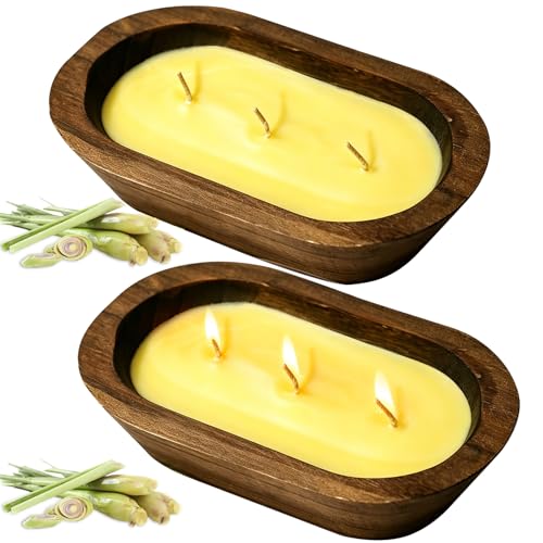 SCENTORINI Duftkerzen Zitronengras, Citronella Kerzen im Holzgefäß, Sojawachs Kerzen mit Baumwolldocht, bis zu 60H, 2er Set ca. 320 g pro Kerze, Dekorative Aromakerzen für Zuhause, Balkon, Terrasse