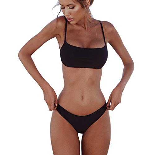 meioro Bikini Sets für Damen Push Up Tanga mit niedriger Taille Badeanzug Bikini Set Badebekleidung Beachwear (L,Schwarz)