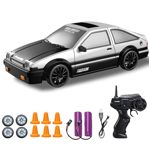 DYOUen RC Drift Car, 1:24 Rennen mit 4WD Ferngesteuertes Auto 2.4Ghz Spielzeugauto Rennauto mit Arbeitsscheinwerfern Austauschbare Reifen 2 Wiederaufladbare Batterie (silbrig)