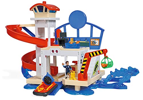Simba 109252518 - Feuerwehrmann Sam Neue Wasserwacht, mit Sound, mit Landeplatz für Helikopter, Wallaby, mit Rutsche, Hovercraft mit Starter, Jodie Figur, Kran Zubehör, ab 3 Jahren