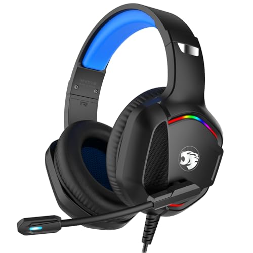 IMYB A36 Gaming Headset mit Mikrofon für Pc, Xbox One Series X/s, Ps4, Ps5, Switch, Stereo Surround Noise Cancelling kopfhörer mit Mic RGB Licht für Mac,Laptop, Nintendo, Gamer(Blau)